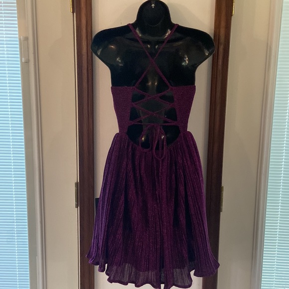 Lulus Party Era Purple Sparkly Lace-Up Pleated Skater Dress XS - Picture 6 of 11